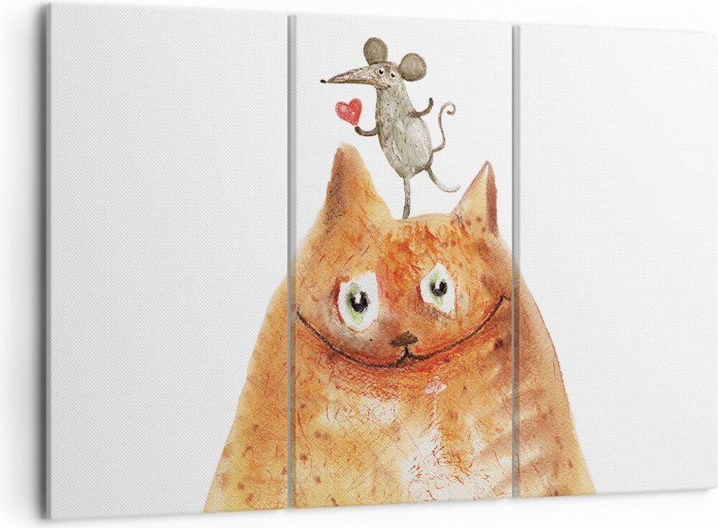 Bild auf Leinwand - Leinwandbild - 3 Teile - Katze Maus Kinder - 105x70cm - Wand Bild - Wanddeko - Wandbilder - Leinwanddruck - Bilder - Wanddekora...