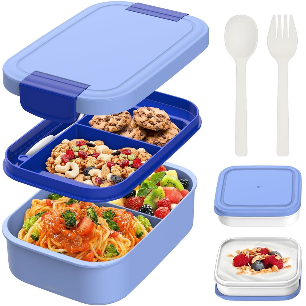 Lunchbox für Kinder und Erwachsene mit Fächern, 1960 ml, BPA-frei, auslaufsicher, Bento-Box mit Besteck und Soßenbehälter für Schule, Picknick...