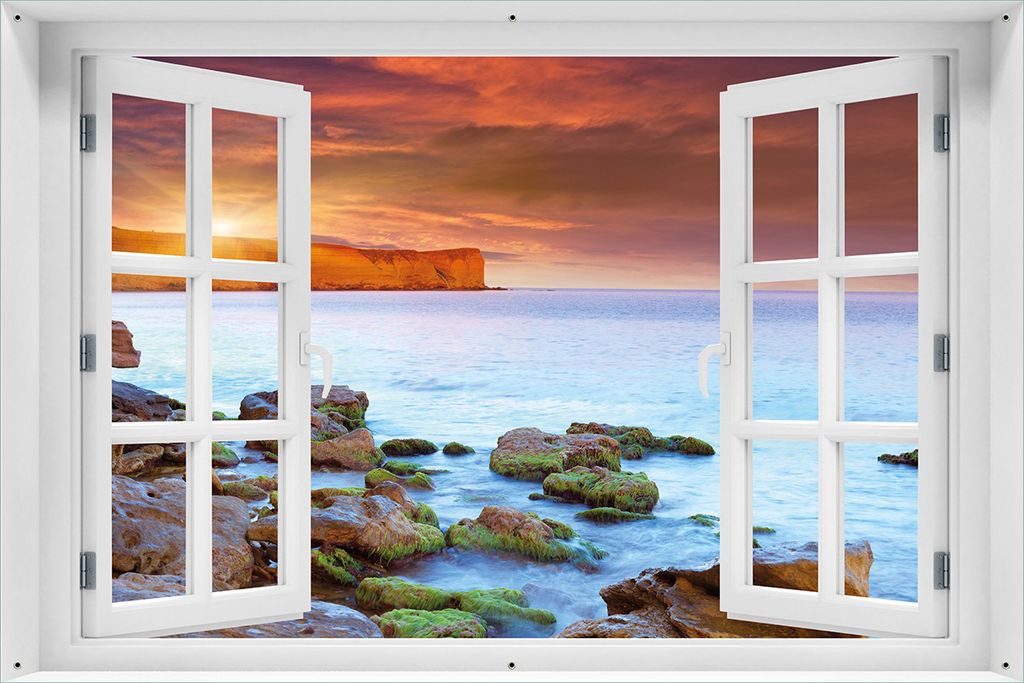 Wallario Outdoor-Poster für Garten oder Balkon 61 x 91,50 cm: Sonnenaufgang am Meer mit Landzunge und Felsen im Wasser