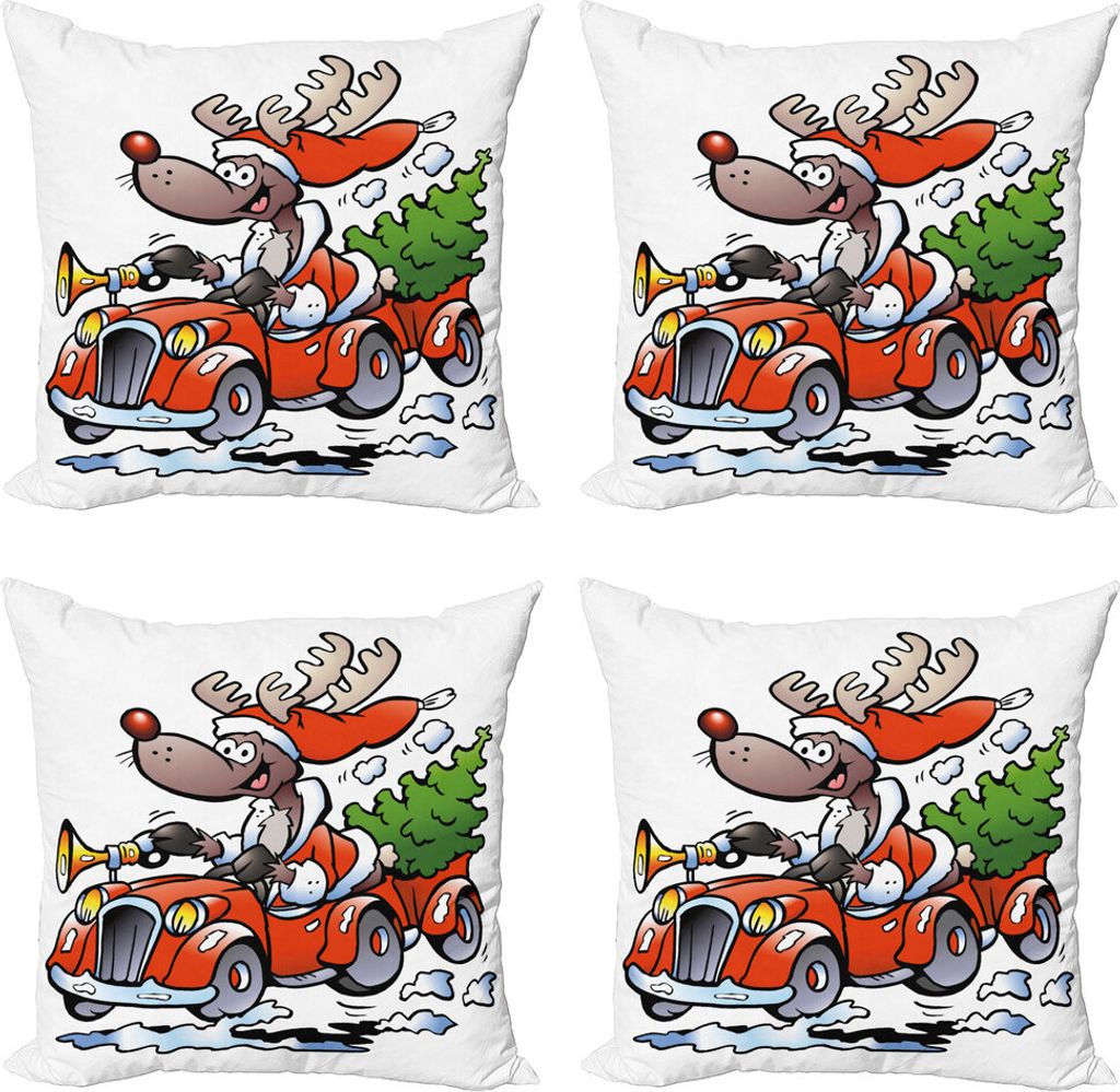 ABAKUHAUS Weihnachten Kissenbezug Set (4 Stück), Ren im roten Auto, Moderner Doppelseitiger Digitaldruck, 60 cm x 60 cm, Weiß Rot Grün