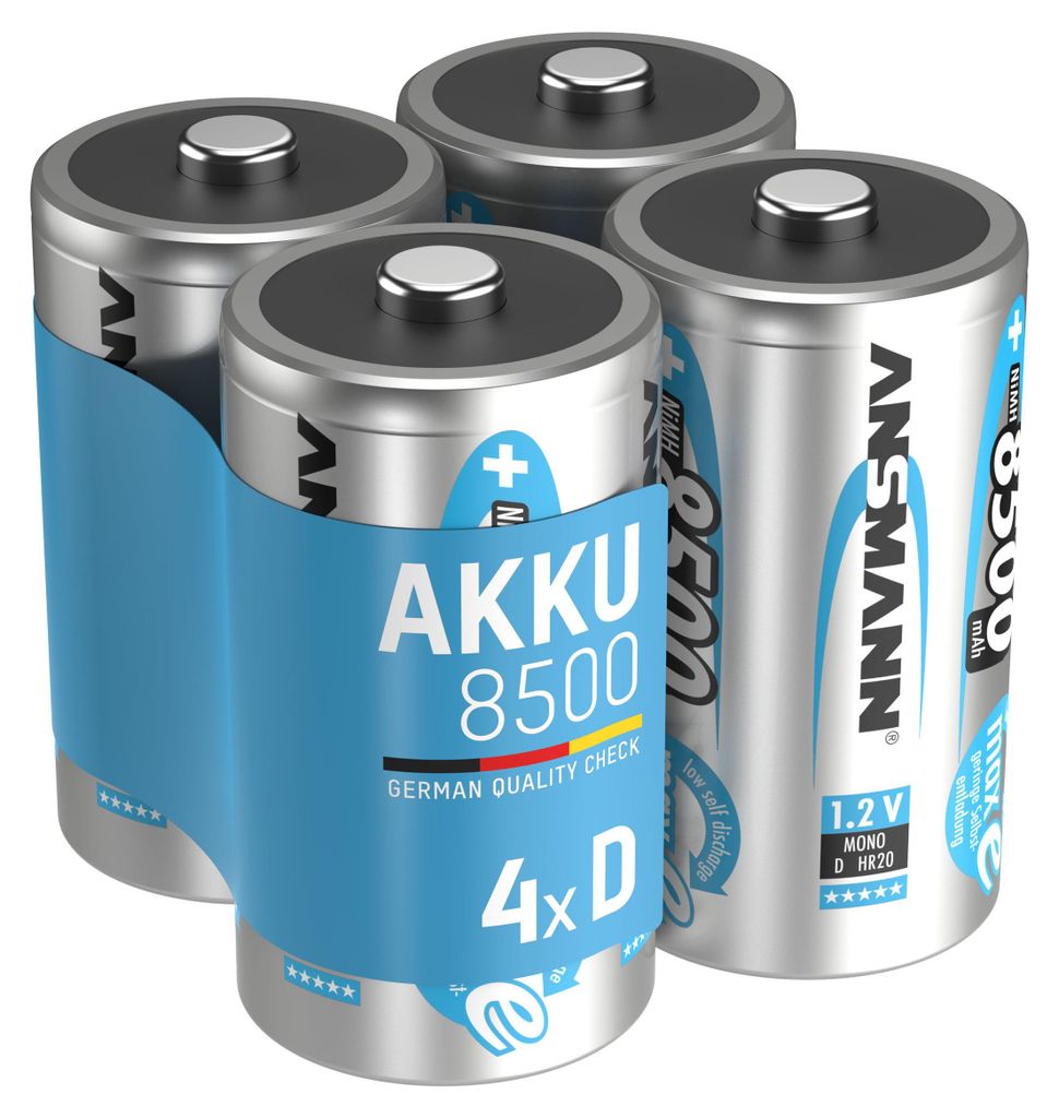 Four D-size rechargeable batteries in a blue plastic holder.