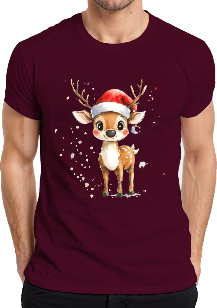 Weihnachtsrentier Aquarell Santa Hut Kinder Geschenk Niedlich Herren T-Shirt, Burgundy, S