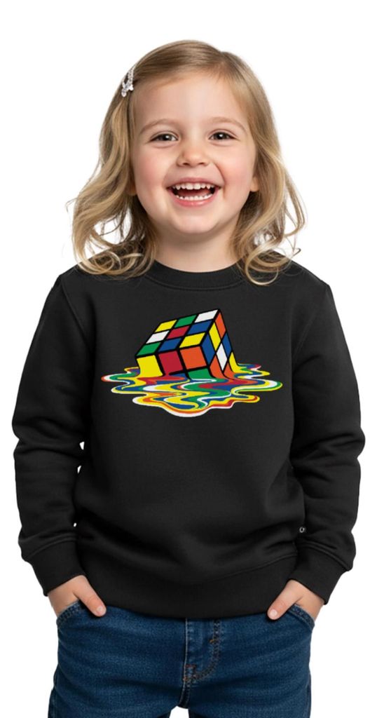 Spreadshirt Rubik's Cube Zauberwürfel Melting Cube Kinder Premium Pullover, 122/128 (6 Jahre), Schwarz