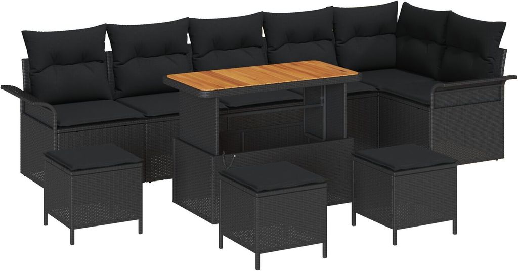 Möbel 10-teiliges Garten Sofa Set mit Kissen Schwarz Poly Rattan Akazie, 2-Sitzer Garten Sofa mit Stauraum & Kissen Schwarz Poly Rattan, 4-teilige...
