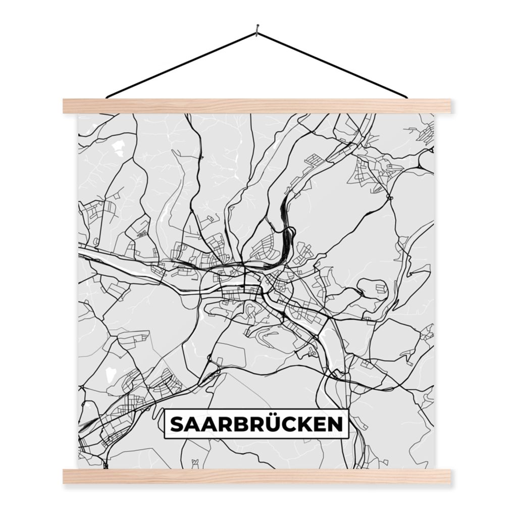 MuchoWow Textilposter Karte - Saarrücken - Deutschland - Stadtplan 40x40 cm mit holzfarbenen Rahmen - Posterleiste