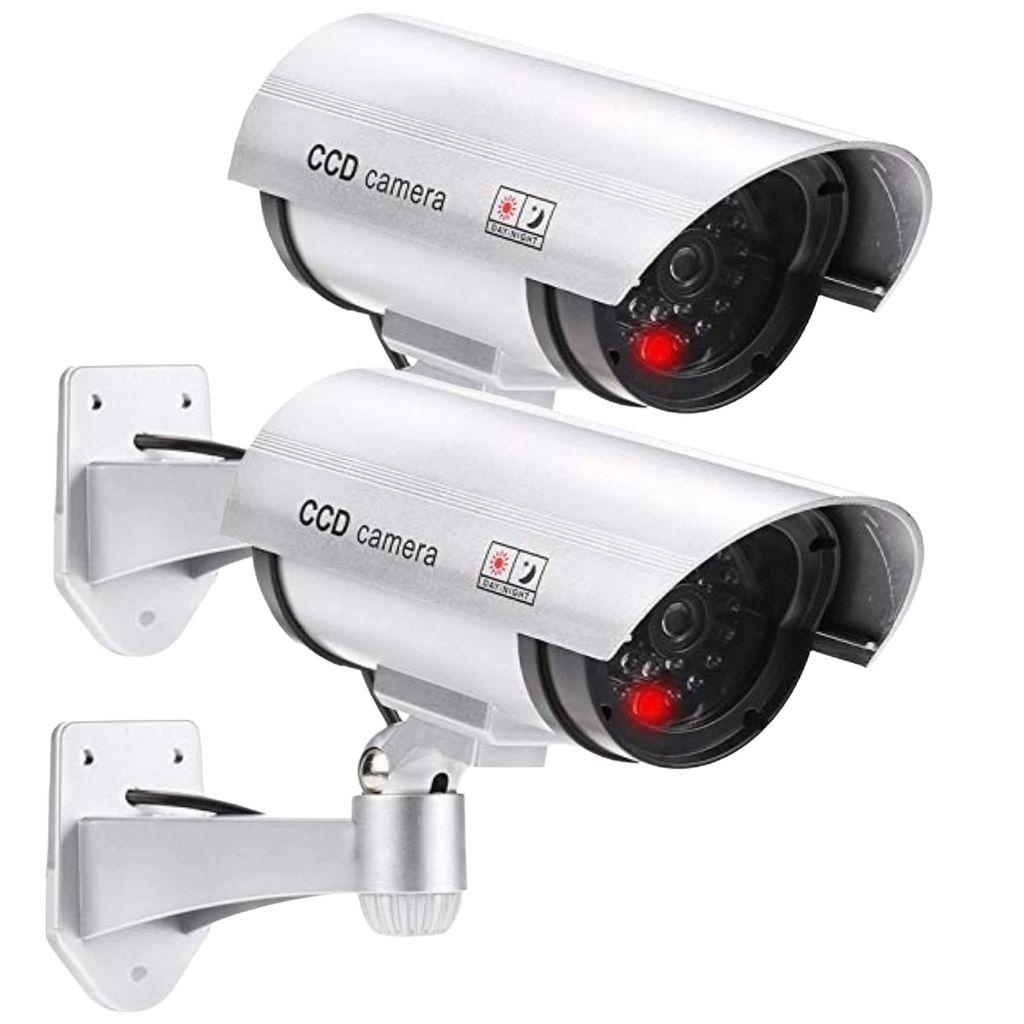 Kamera Attrappe im 2er Set, Dummy Kamera mit rot blinkender LED und Objektiv, schwenkbar, täuschend echt für Wand- Deckenmontage. Silberfarben. 2...