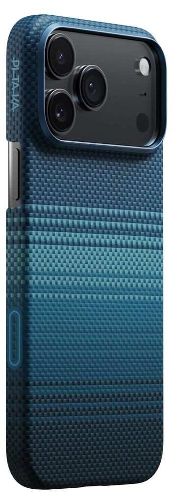 A close-up, angled view of a blue iPhone case with a textured pattern.
