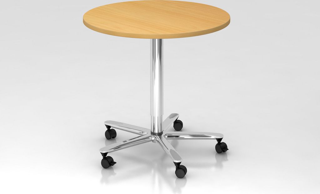 Meetingpoint Säulenhubtisch Ilari rund | Buche | verchromtes Gestell | Ø 80cm | höhenverstellbar von 72-114 cm | Taster unter Platte