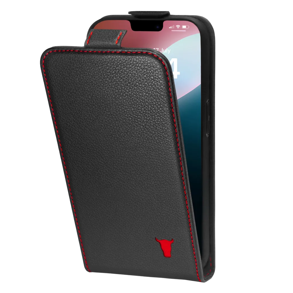 Custodia Flip in pelle per iPhone 16e di TORRO - Nero con dettagli rossi