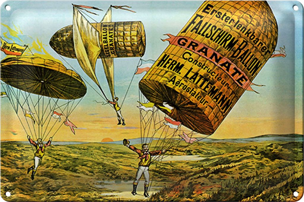 Blechschild Retro 40x30cm Fallschirm erste lenkbarer Ballon