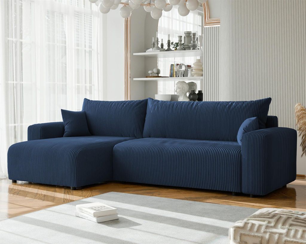 Ecksofa mit Schlaffunktion LUNA MAX in Stoff Poso Blau Ottomane Links