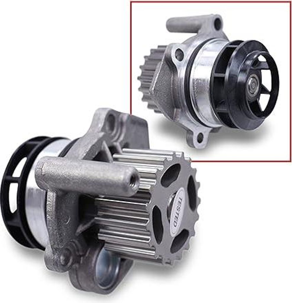 Two car water pumps are shown against a white background. One is in the foreground, and the other is in the background, framed by a red border.