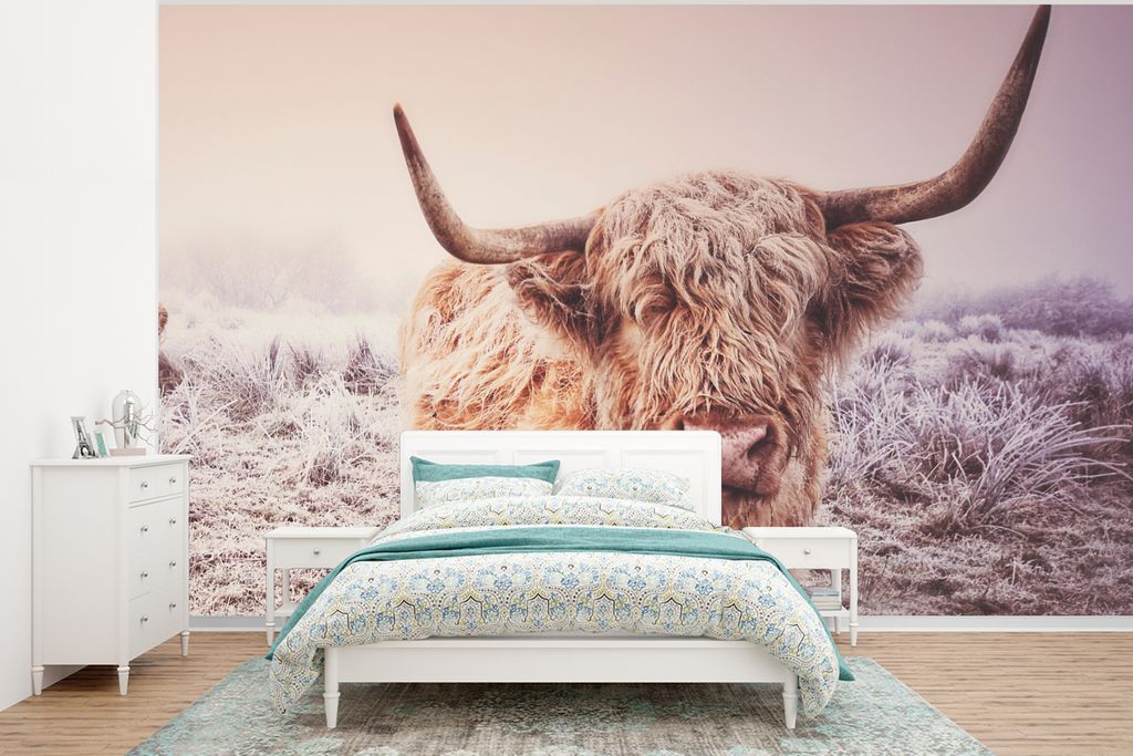 MuchoWow Fototapete für Wohnzimmer oder Schlafzimmer Wandtapete Vinyl Motivtapete Schottische Hochlandbewohner - Licht - Himmel - Natur - 350x26...