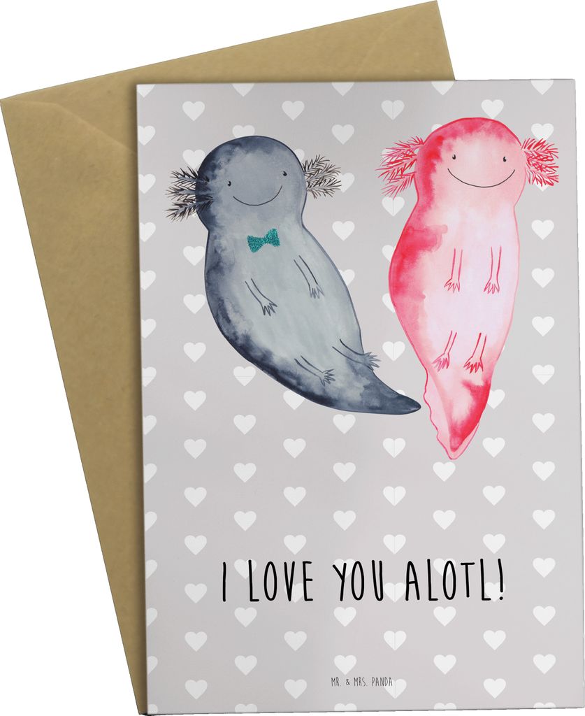 Mr. & Mrs. Panda Glückwunschkarte Axolotl Liebe - Grau Pastell - Geschenk, weihnachtskarten, Freund, für Frauen, Freundin, einladungskarten, oste...