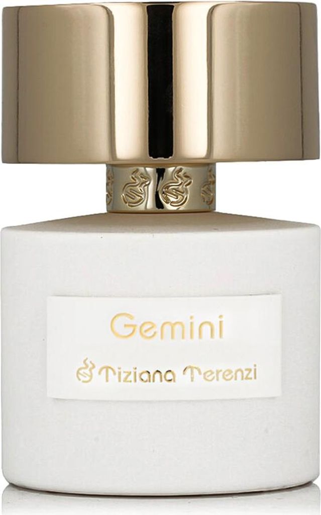 A close-up studio shot of a white perfume bottle with a gold cap.