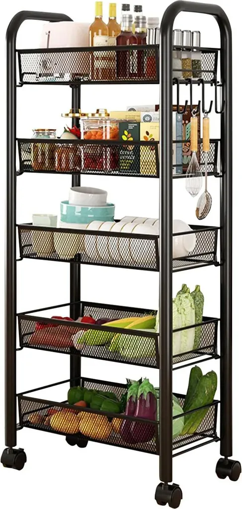 Carrello Cucina 5 Livelli in Acciaio Nero: Salvaspazio Robusto Premium