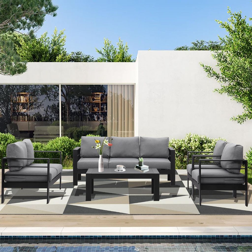 MeXo Gartenmöbelset, Loungeset Aluminium für 6-7 Personen mit Kissen & Couchtisch Indoor Outdoor Balkon Garten Terrasse (Sitzgruppe, Aluminiumrah...