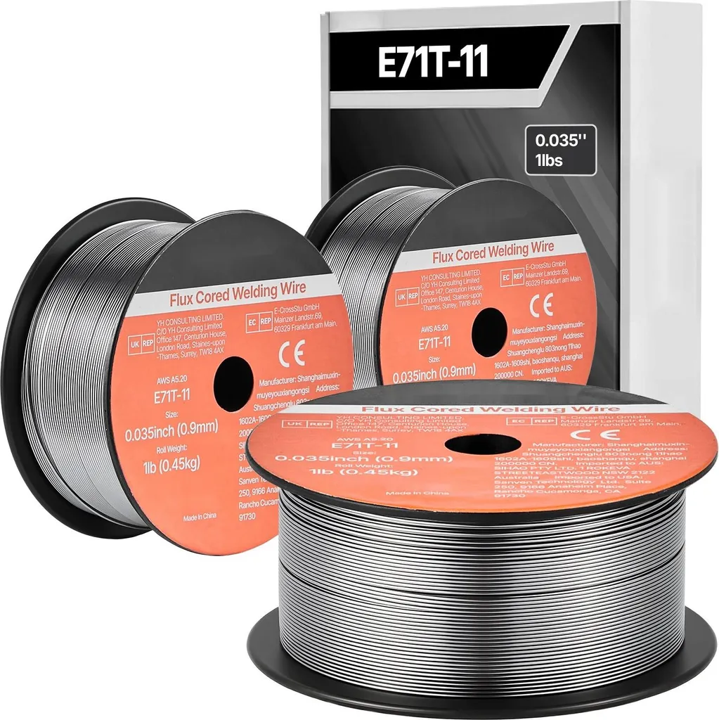Filo animato per saldatura MIG - E71T-11 - Diametro 0,9 mm - Senza gas Autoprotettivo - Pochi spruzzi - Per tutte le posizioni di saldatura - Per uso esterno - Set di 3 bobine da 0,45 kg