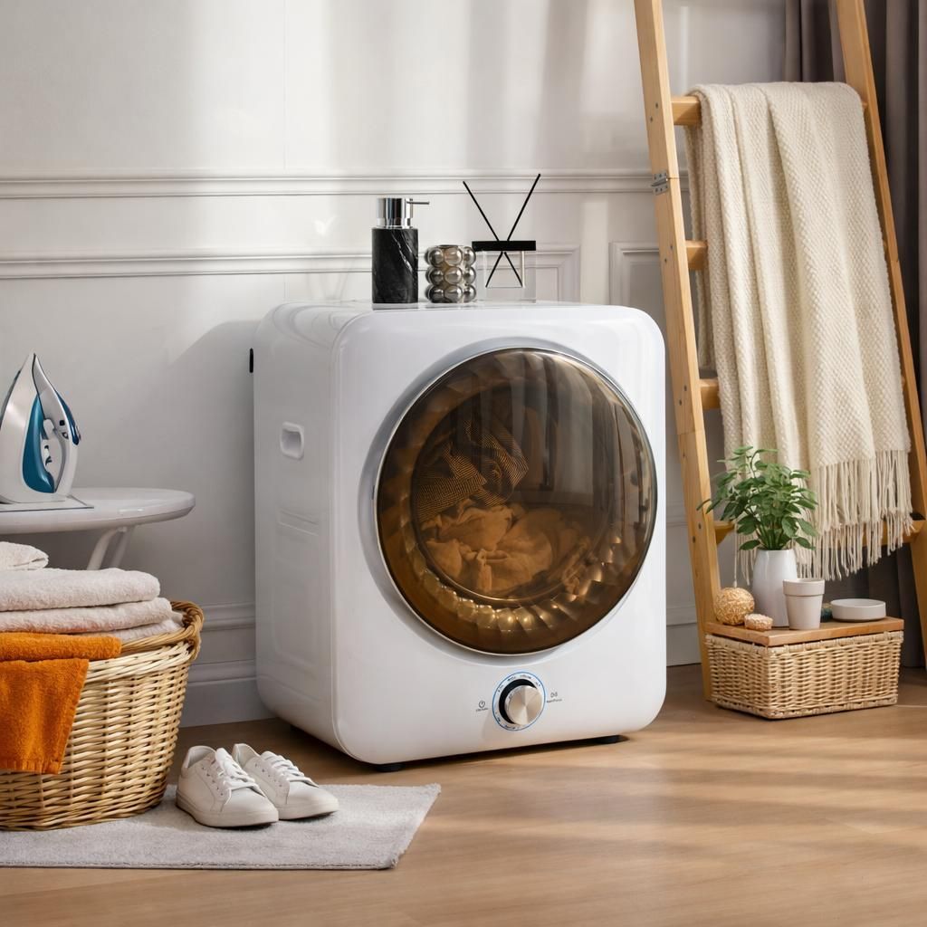 A laundry room or bathroom setting with a dryer, laundry basket, iron, and decor.