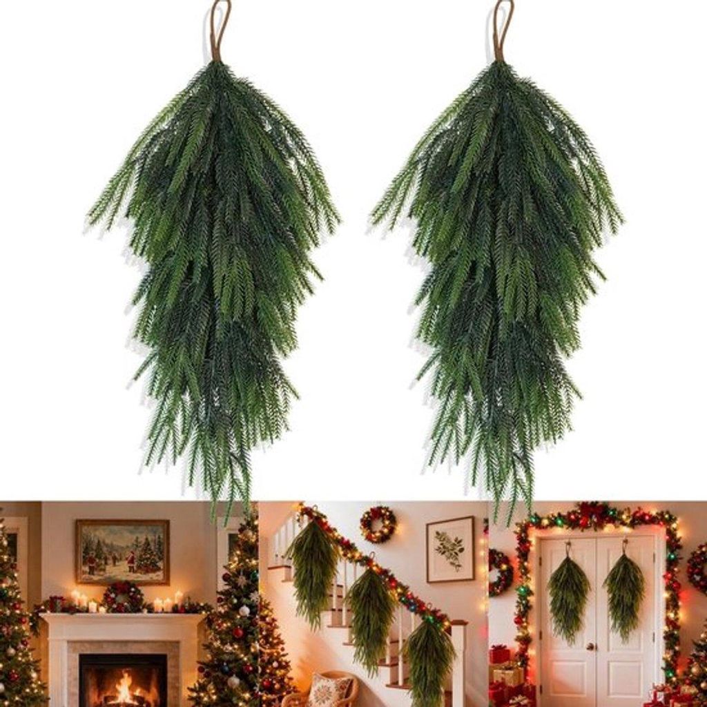 2 Stück Kunstharz Weihnachts Teardrop Swags von 76 cm - Kunsttannennadeln für Weihnachtsdekoration, perfekt für Kamin