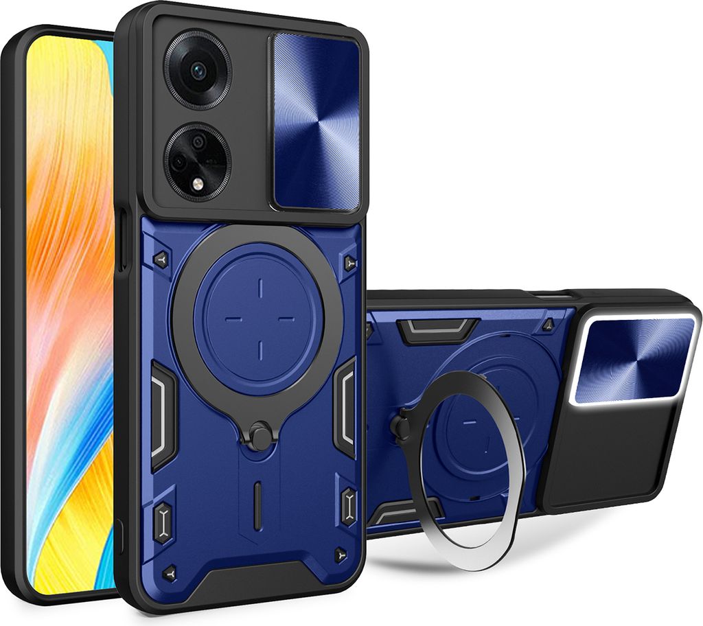 Handyhülle für Oppo F23 / A1 / A98 5G Dual-Layer Stoßfest Rüstung Hülle mit Dia Kameraschutz und Kreisförmig Ring Ständer Blau