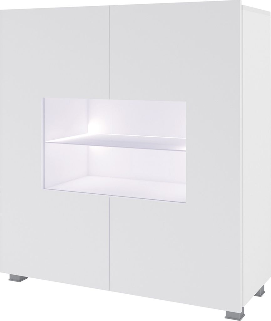 Kommode CALABRINI C-02 mit LED-Beleuchtung Vitrine 2 Türen Sideboard 100 cm Vitrinenschrank Anrichte Highboard Modern (Weiß / Weiß Hochglanz)