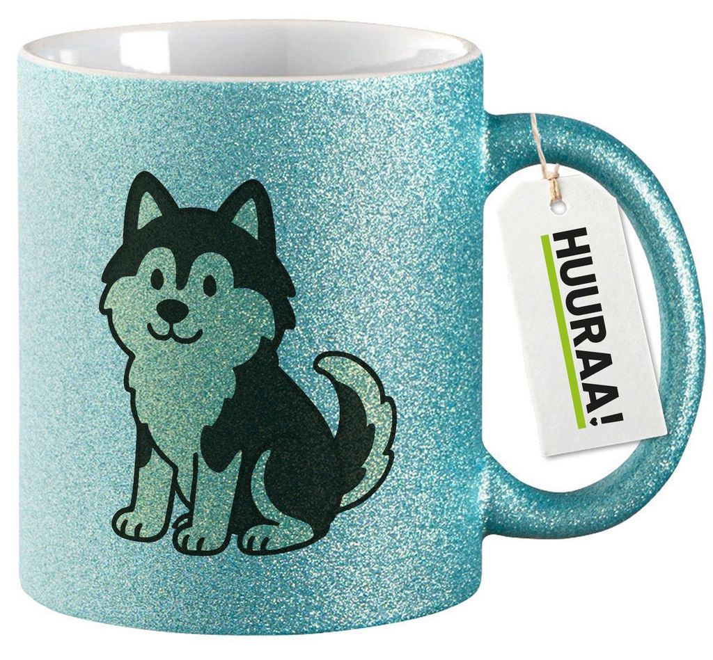 Huuraa Glitzertasse Pomsky Comic PomPom 330ml Blau Keramik Kaffeebecher Geschenkidee
