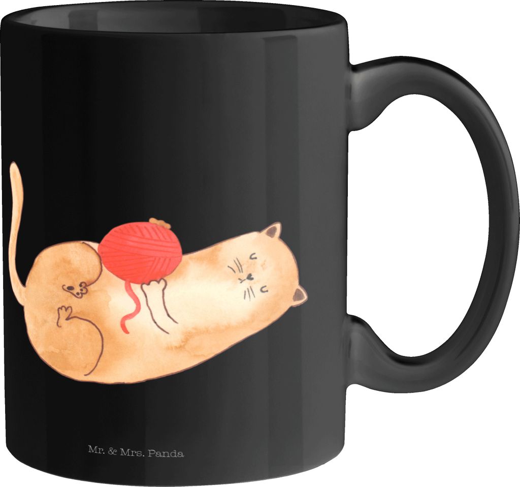 Mr. & Mrs. Panda Tasse Katze Wolle - Schwarz - Geschenk, Kaffeetasse, für kaffee, Katzen, Spiel, Keramiktasse, Putzig, Kaffeebecher, Cat, Spielen,...