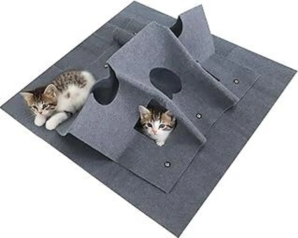 Tappeto per gatti Buwico Premium con tunnel integrato, giocattolo interattivo per gatti e set di attività, 100x100 cm Giocattolo intelligente per gatti, tappetino da allenamento per gatti di grossa taglia e gattini (grigio) - 1