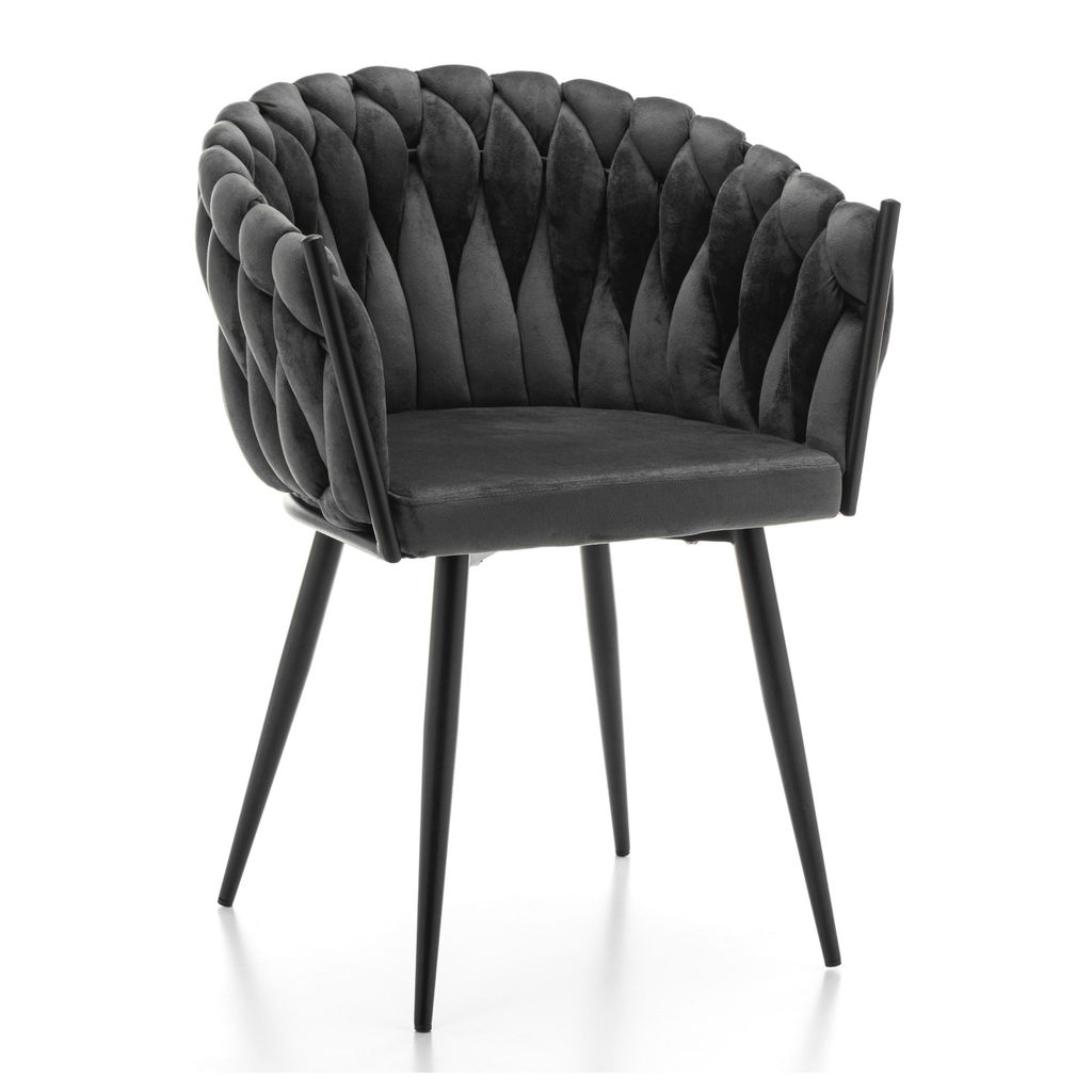 A grey velvet accent chair with black metal legs, shown from the front-left.