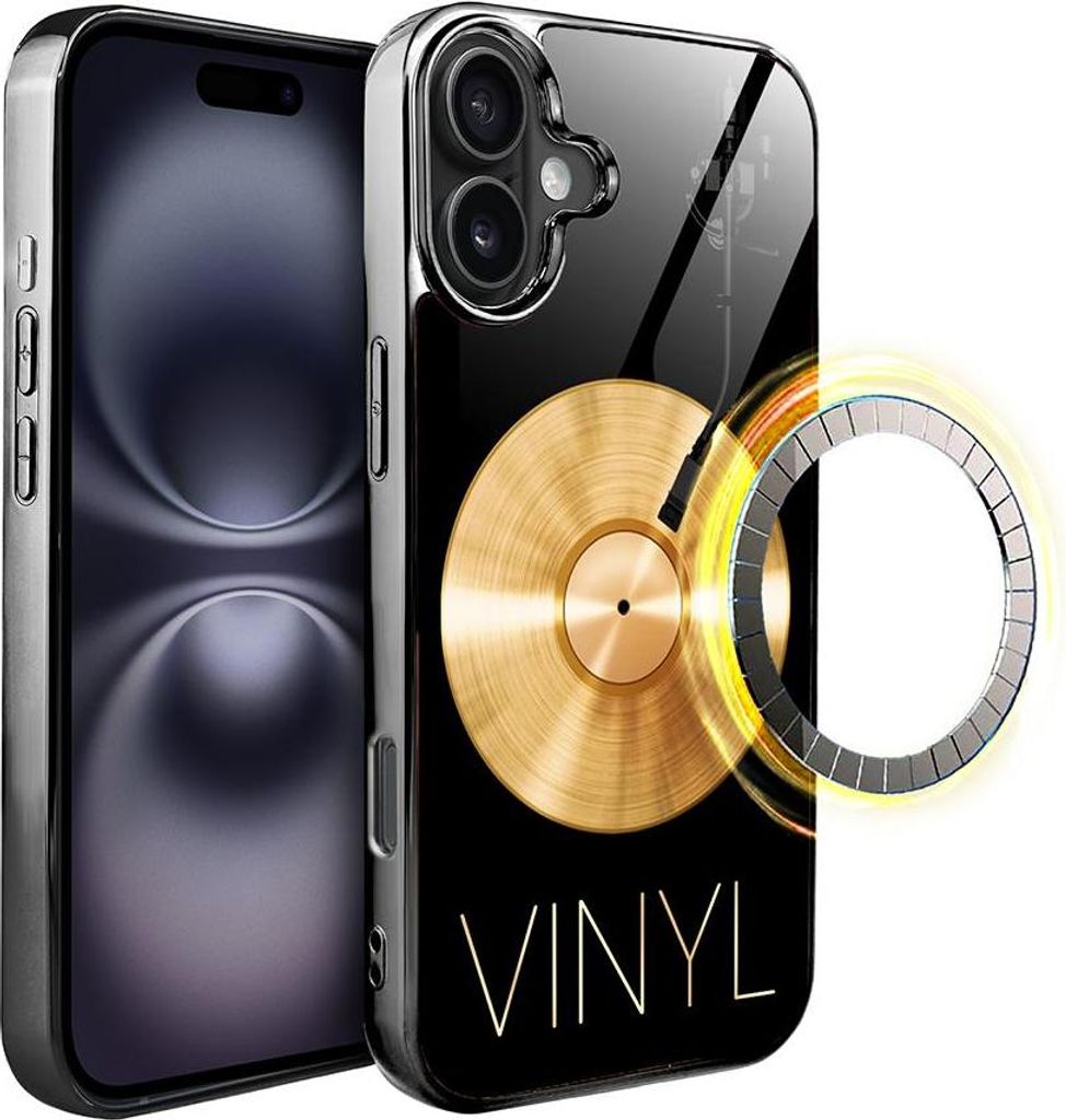 iPhone 16 IBIZU Elite Glass Case mit MagSafe, Glasrückseite, Golden Midnight, Vinyl Lux, Schwarz