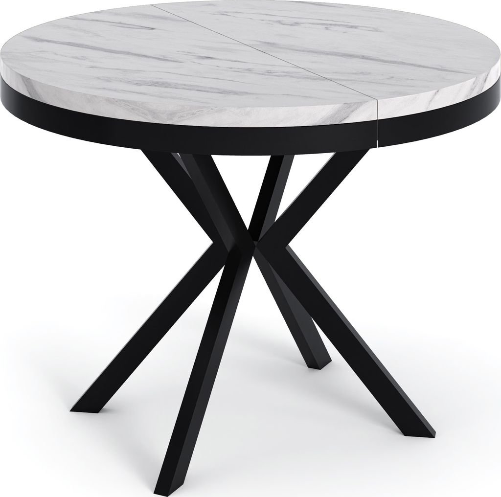 Runder Ausziehbarer Esstisch in Weißer Marmoroptik - Loft Style Tisch mit Metallbeinen - 90 bis 170 cm - Industrieller Tisch für Wohnzimmer - Kom...