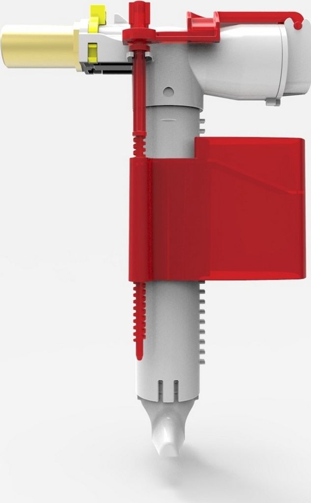 A close-up, studio shot of a toilet fill valve.