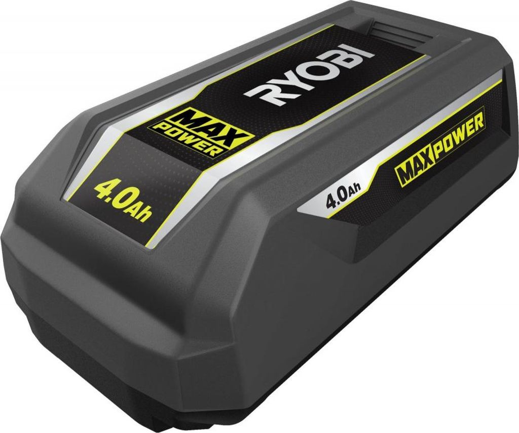 A close-up, angled view of a Ryobi 4.0 Ah battery pack.