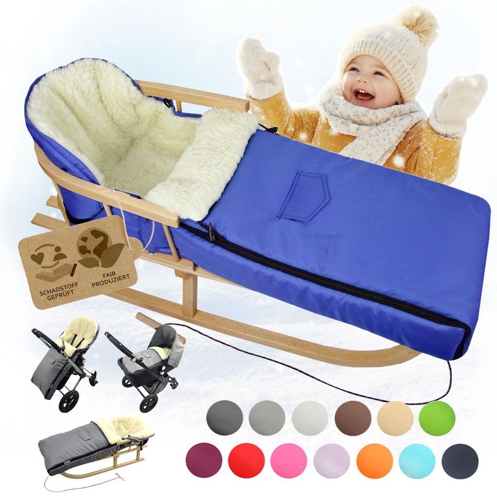 BAMBINIWELT HOLZSCHLITTEN mit Rückenlehne (90cm) + WINTERFUßSACK (108cm) Kinderwagen WOLLE blau