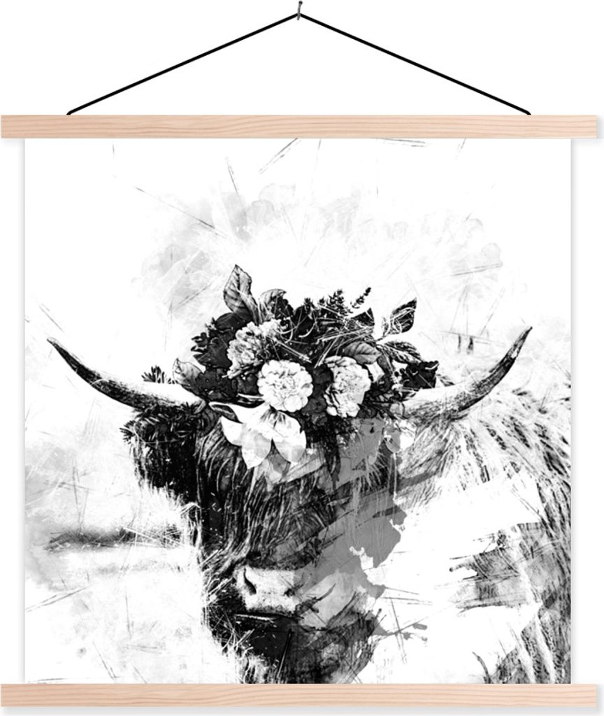 MuchoWow Textilposter Schottisches Hochlandrind - Blume - Schwarz - Weiß 60x60 cm mit holzfarbenen Rahmen - Wanddekoration