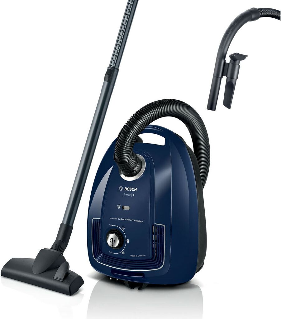 A blue Bosch vacuum cleaner with its accessories is displayed against a white background.