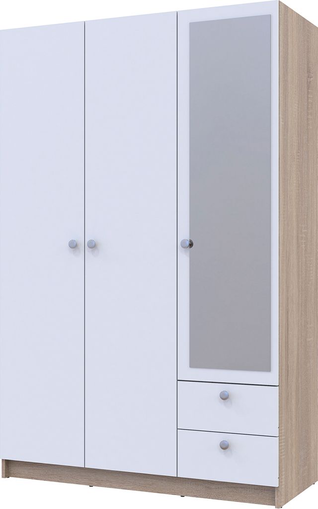 nabbi Dreitürig Kleiderschrank mit Spiegel Rivaldo - Dub-Sonoma / Weiß