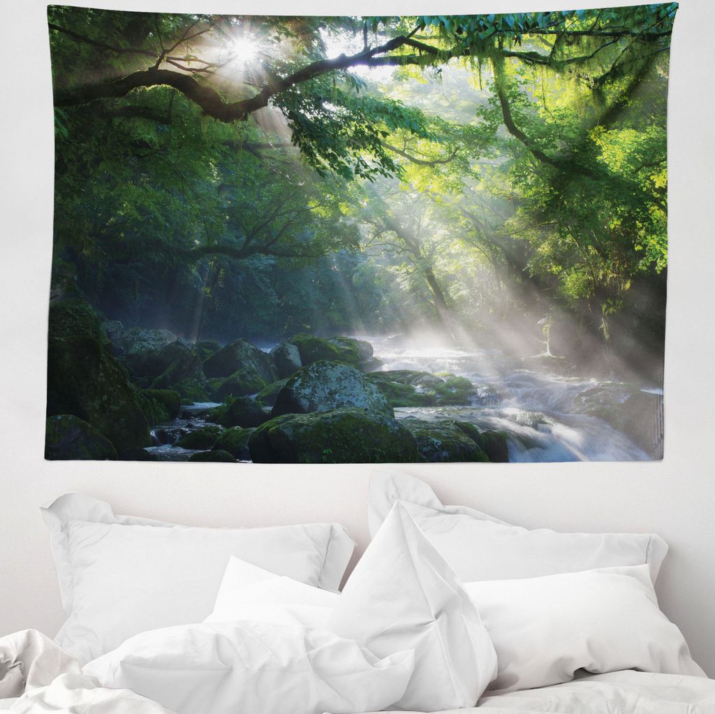 ABAKUHAUS Regenwald Wandteppich, Jungle Sonnenlicht Bäume aus Weiches Mikrofaser Stoff Waschbar ohne Verblassen Digitaldruck, 150 x 110 cm, Grün ...