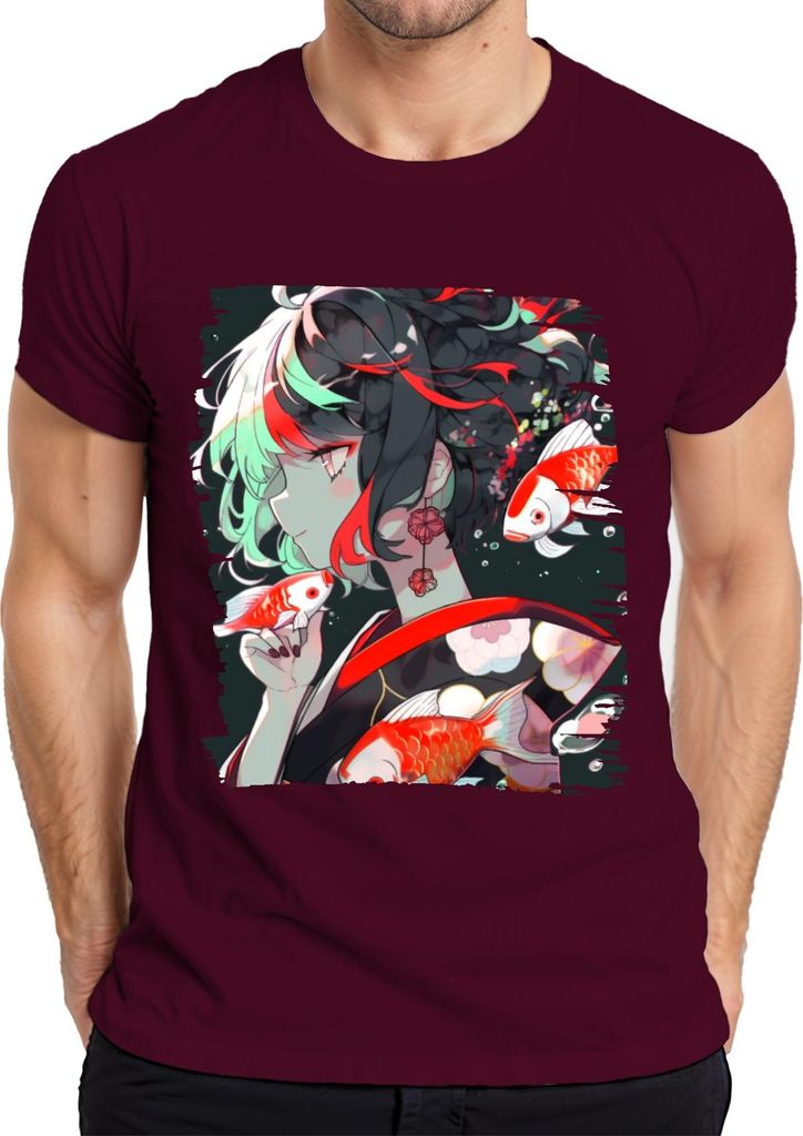 Anime Mädchen im Kimono Koi Karpfen Japanische Kunst Illustration Herren T-Shirt, Burgundy, S