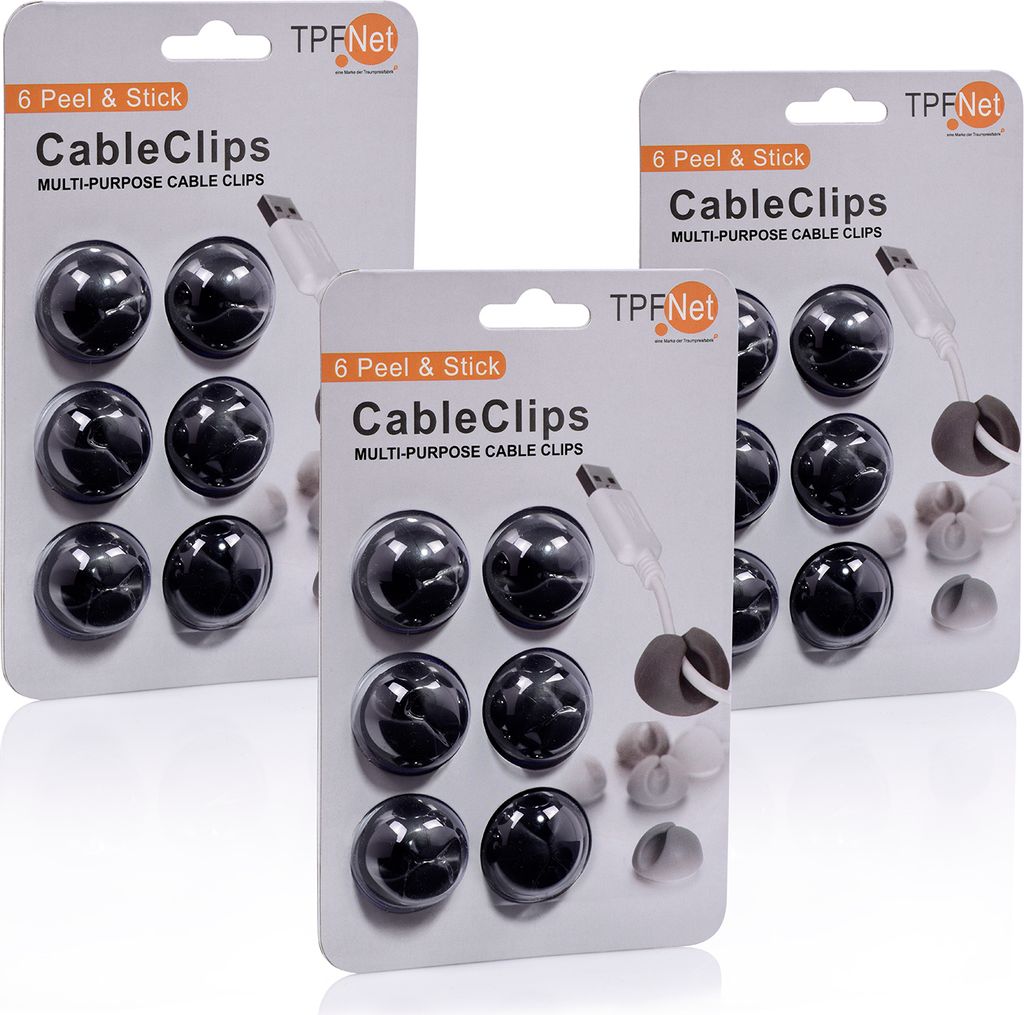 TPFNet 18er Pack (3x6 STÜCK) Cable Clip Kabelhalter Kabelmanager, schwarz
