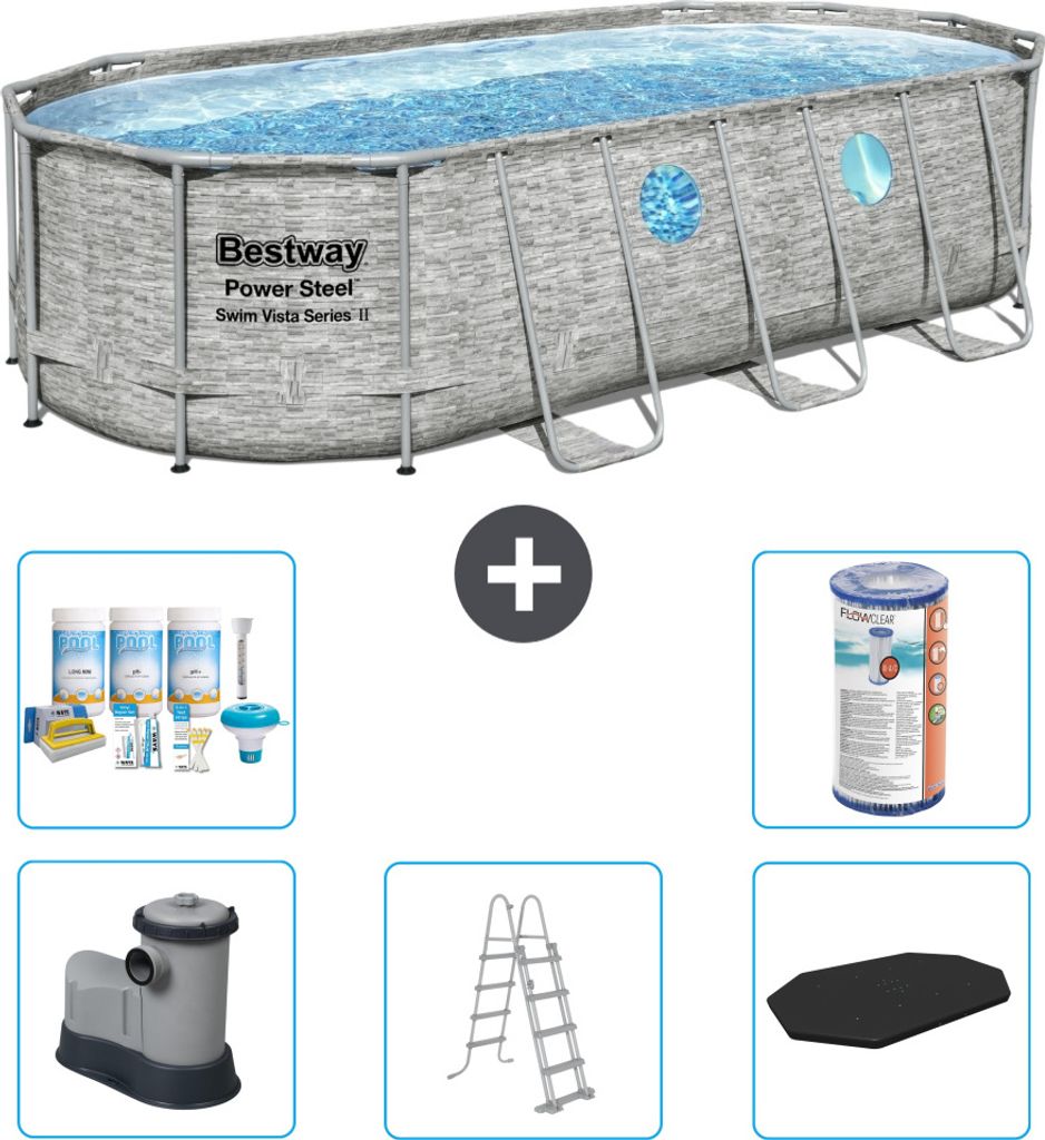 Bestway Oval Power Steel Swim Vista Swimmingpool – Steindruck – 549 x 274 x 122 – inklusive Pumpe – Leiter – Abdeckung Wartungspaket - Fi...