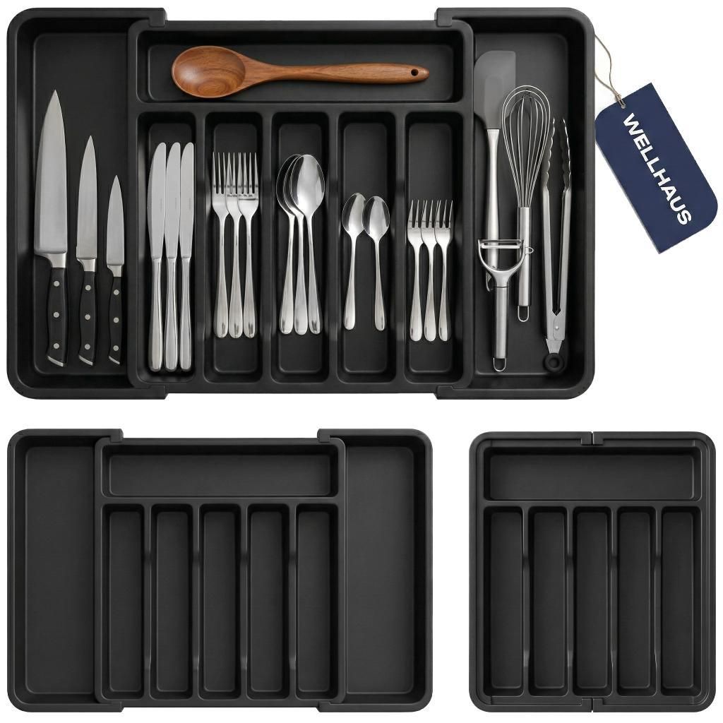 WELLHAUS – Ausziehbare, verstellbare Besteck und Küchenschubladen-Organizer flexibles Raumwunder für Ihre Küche (Schwarz, 33 x 38 cm -> 57...