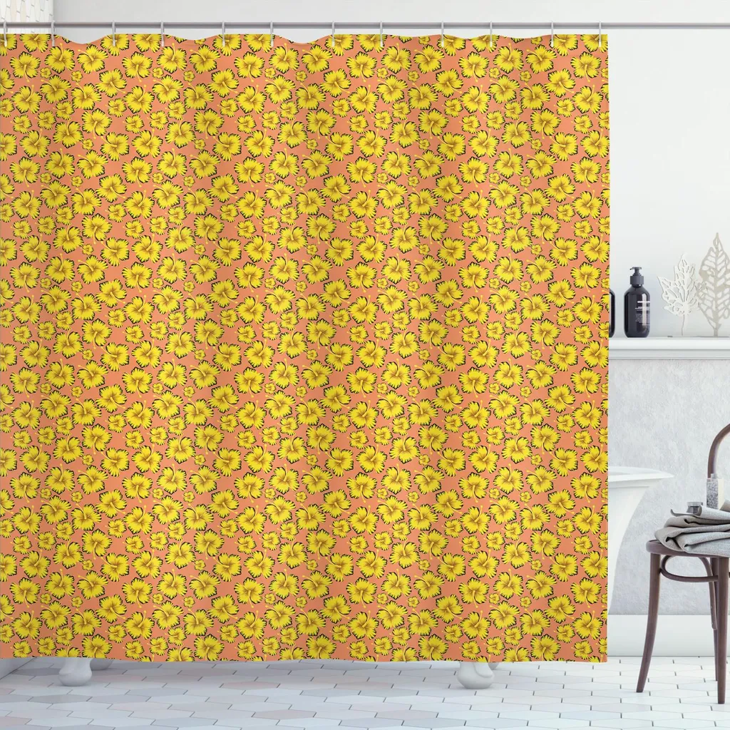 ABAKUHAUS Tenda da doccia vintage, motivo tropicale nostalgico con delicati fiori di ibisco, 175 x 180 cm, color pesca senape