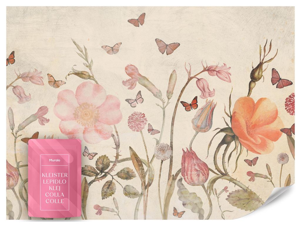 Muralo Fototapete für Kinderzimmer BLUMEN Feldpflanzen Blätter Schmetterlinge Retro Boho Stil 200x140