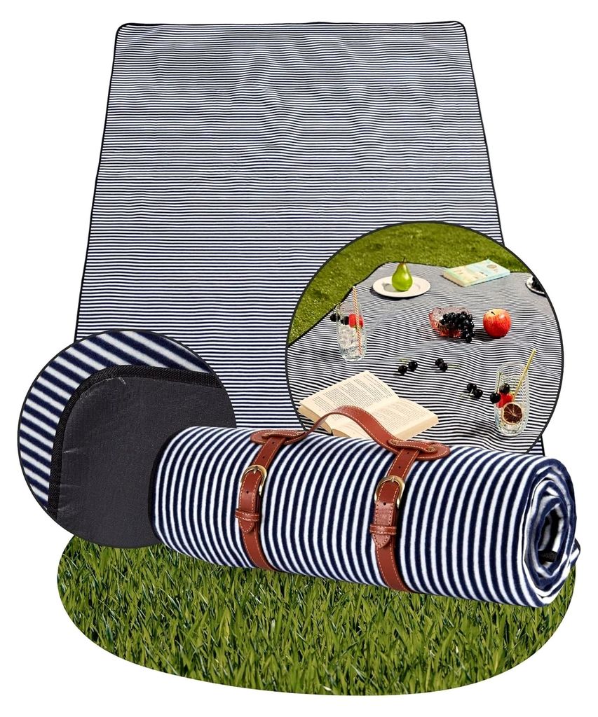 Wasserdichte Picknickdecke Marineblau Gestreift, Weiche 200 x 150 cm Stranddecke, Outdoor Picknickmatte, Campingdecke mit Tragegriff, Waschbare Pic...