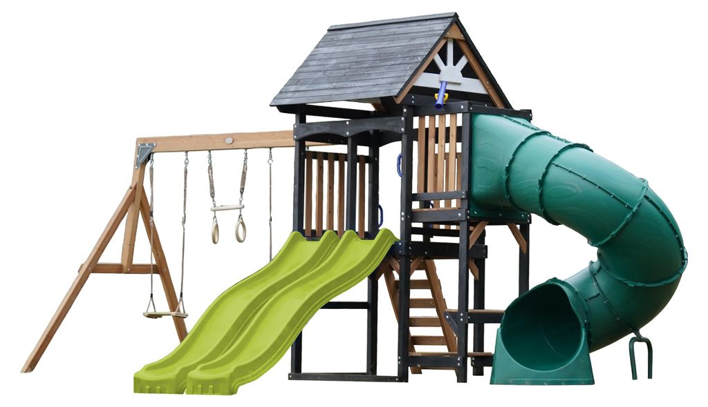 AXI Cody Spielturm aus Holz mit 2 Schaukeln & doppelter Rutsche in Hellgrün & Röhrenrutsche | XXL Spielhaus / Spielplatz für Kinder mit Kletterg...
