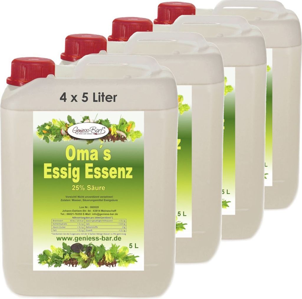 4x 5L Oma`s Essigessenz 25% Säure Unser Geschmackssieger für die gute Küche & Haushalt / Entkalken / Reinigen ohne Chemie mit Essig Essenz