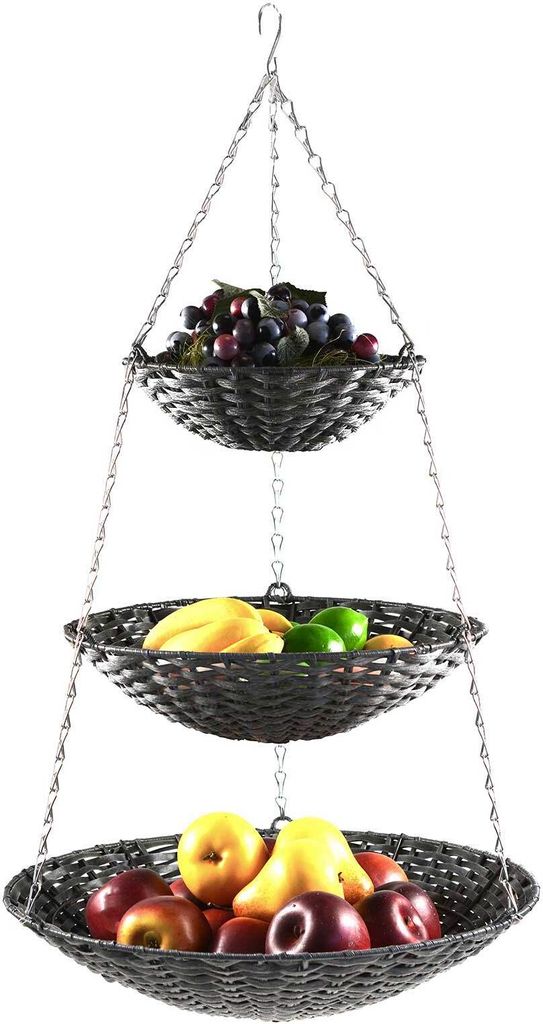 Hänge-Etagere 3 Etagen Hängekorb Hängeampel Obstkorb Gemüse-Ampel Korb z. Hängen, Polyrattan Ø 25-45cm, Höhe 82cm, Farbe:Grautöne