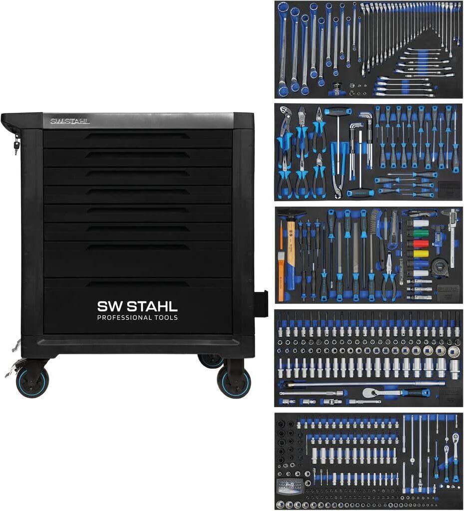 SW-Stahl Z3201 Profi Werkstattwagen TT802 schwarz I 8 Schubladen I 5 Schubladen gefüllt I 434 teilig I Werkstatt Rollwagen mit Werkzeug bestückt ...